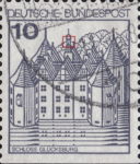 Germany postage stamp error Vertical line in central tower broken