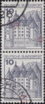 Germany postage stamp error Second attic window connected to the frame, 9th wave at the far right broken (top stamp)