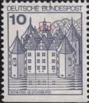 Germany postage stamp error Small indentation on the right vertical line of the central tower