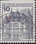 Germany postage stamp error Thin vertical line on the bottom vertical line on the left side of the roof