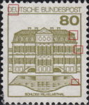 Germany postage stamp error Vertical and middle horizontal strokes of first letter E in DEUTSCHE broken, hole in roof above last top window, thickening in thin horizontal lines on the first floor, waves in lake broken