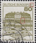 Germany postage stamp error Horizontal stroke of letter T in BUNDESPOST thicker at the end, the first window on the second floor of the right side of the building uneven at the bottom