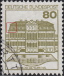 Germany postage stamp error The first two sloping lines of the roof to the left connected by a colored spot