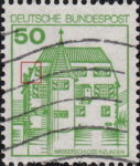 Germany postage stamp error Horizontal white line in top left corner of the building missing