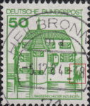 Germany postage stamp error Bushes between the right frame and the building overinked