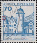 Germany postage stamp error Tree top above the first tower next to the left frame broken