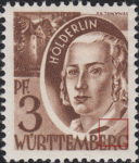 Germany Wuerttemberg postage stamp error: Colored dot above letter R in WÜRTTEMBERG.