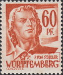 Germany Wuerttemberg postage stamp error: Letter E in SCHILLER deformed, looks like B: SCHILLBR.