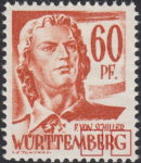 Germany Wuerttemberg postage stamp error: Colored smudge below letter B and a dot inside letter G of WÜRTTEMBERG.