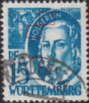 Germany Wuerttemberg postage stamp error: Letter R in HÖLDERLIN short, umlaut above O missing.
