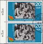 GDR Congress of Free Federation of German Trade Unions FDGB postage stamp plate flaw White spot on the table below hand of the first worker sitting on the right side.