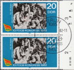 GDR Congress of Free Federation of German Trade Unions FDGB postage stamp plate flaw White spot in the table next to the first worker’s elbow.