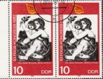 GDR Congress of Free Federation of German Trade Unions FDGB postage stamp plate flaw Additional dot on woman’s ankle.