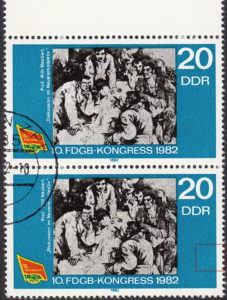 GDR Congress of Free Federation of German Trade Unions FDGB postage stamp plate flaw White dot on blue area next to the right frame.