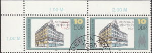 GDR 1982 Leipzig Autumn Fair postage stamp plate flaw Letter L in STENTZLERS broken in the middle.