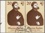 GDR 1982 Martin Luther postage stamp plate flaw White dot next to Luther’s thumb.