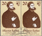 GDR 1982 Martin Luther postage stamp plate flaw Indentation in Luther’s hair.