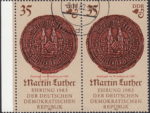 GDR 1982 Martin Luther postage stamp plate flaw Letter o in von partially missing.