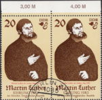 GDR 1982 Martin Luther postage stamp plate flaw Thin line on Luther’s nose.