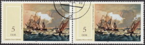 GDR 1982 painting Seascape by Ludolf Backhuysen postage stamp plate flaw Colored dot on top of the sail of the ship to the right.