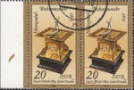 GDR 1983 Sand Glasses and Sundials postage stamp plate flaw Tiny indentation in numeral 2 of denomination value.