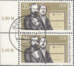 GDR 1983 Karl Marx postage stamp plate flaw White dot in hair to the right from Engels’s right eye.