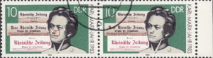GDR 1983 Karl Marx postage stamp plate flaw Small green dot to the right from the nose.