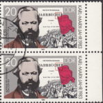 GDR 1983 Karl Marx postage stamp plate flaw Red color spill below letter E of JAHRBÜCHER.
