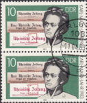 GDR 1983 Karl Marx postage stamp plate flaw Lower vertical lines in letter Z of red title Zeitung missing.
