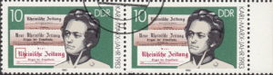 GDR 1983 Karl Marx postage stamp plate flaw Letter R in Rheiniche deformed and broken on top.