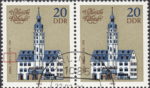 GDR 1983 Old town halls postage stamp plate flaw Letter A in word ERBAUT damaged.