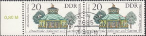 GDR 1983 Governmental Palaces Chinese Tea House postage stamp plate flaw White dot above the second window from the left.