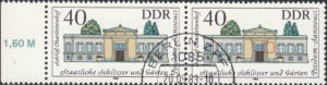 GDR 1983 Governmental Palaces Charlottenhof postage stamp plate flaw Whitening on the facade to the right from the top blue windows.