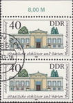 GDR 1983 Governmental Palaces Charlottenhof postage stamp plate flaw Colored dot between the second and the third bottom window from the left.