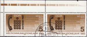 GDR 1983 World Communications Year postage stamp plate flaw Tiny white dot in letter A of MOSKAU.