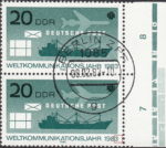 GDR 1983 World Communications Year postage stamp plate flaw Minuscule colored line next to numeral 3 in 1983.