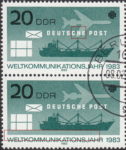 GDR 1983 World Communications Year postage stamp plate flaw White dot below letter H of DEUTSCHE.