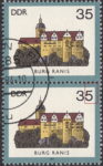 GDR 1984 Castles Burg Ranis postage stamp plate flaw Gray blue circle on top of numeral 5 of denomination value.