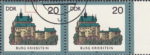GDR 1984 Castles Burg Kriebstein postage stamp plate flaw Colored dot above the fourth conical spire.