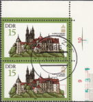 GDR 1984 Society of Monument Preservation Albrechtsburg Meissen postage stamp plate flaw Short thin line above the bushes to the right from the castle.