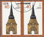 GDR 1984 Society of Monument Preservation Steintor Rostock postage stamp plate flaw Small black circle in second letter D of DDR.