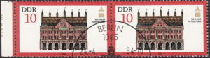 GDR 1984 Society of Monument Preservation Rathaus Rostock postage stamp plate flaw White spot on the balcony above the central entrance.