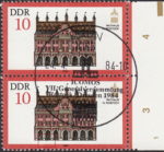 GDR 1984 Society of Monument Preservation Rathaus Rostock postage stamp plate flaw Black spot below the second arch from the left.