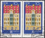 GDR 1984 Leipzig Autumn Fair postage stamp plate flaw White spot in the upper left corner of the second window in the second floor.