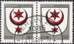 GDR 1984 Coat of Arms Halle Saale postage stamp plate flaw Red dot left from the star.