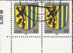 GDR 1984 Coat of Arms Leipzig postage stamp plate flaw Large indentation on lion’s right paw.