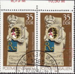 GDR 1984 Postal milestones postage stamp plate flaw Whitening in area left from letter G in FREIBERG.