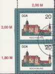 GDR 1985 Castle Rochsburg postage stamp plate flaw Horizontal line on the middle dormer broken.