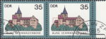 GDR 1985 Castle Burg Schwarzenberg postage stamp plate flaw Long white scratch on the first roof from the left.