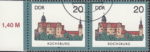 GDR 1985 Castle Rochsburg postage stamp plate flaw Two colored dots right from the top window of the left tower of the central part of the building.